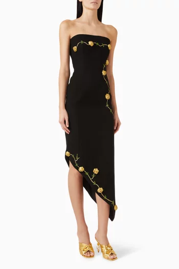 Rosette Midi Dress in Satin