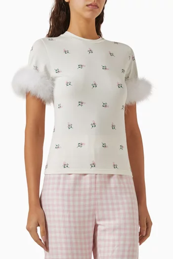 Feather-trimmed T-shirt in Stretch Cotton-jersey
