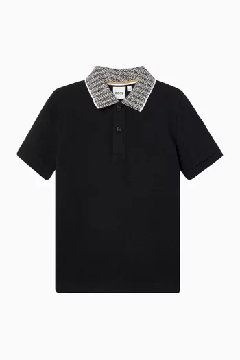 JB SS POLO SHIRT IN 100 COTTON PIQUE, BUTTONED FASTENING, FANCY JACQUARD COLLAR, DOUBLE B SILICONE BADGE ON THE SHOULDER:BLK:12Y|218558329