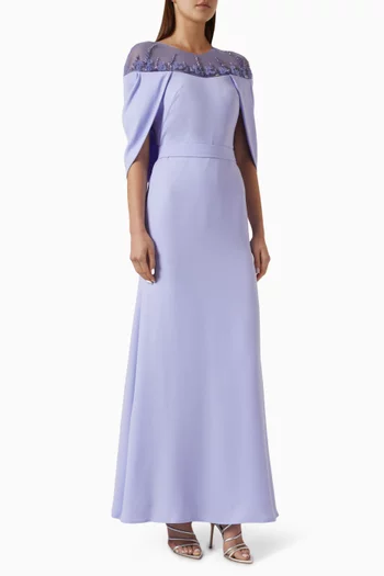 Embellished Cape-sleeve Dress in Crepe