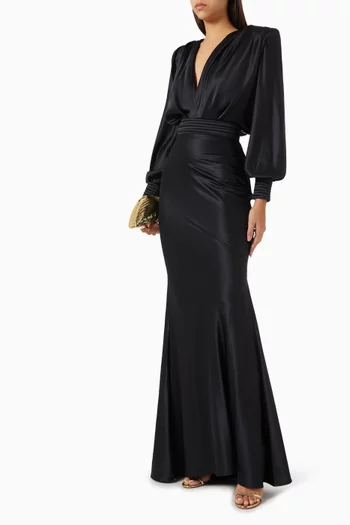 BIAS CUT STRETCH SATIN GOWN WITH LONG BILLOW SLEEVES, SHOULDER ACCENTS, DRAPED BODICE AND STITCHED SATIN DETAIL ON WAIST AND CUFFS. BACK BODICE:BLK:2|218569128