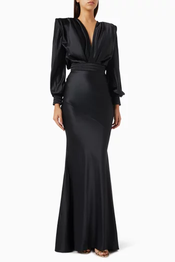 BIAS CUT STRETCH SATIN GOWN WITH LONG BILLOW SLEEVES, SHOULDER ACCENTS, DRAPED BODICE AND STITCHED SATIN DETAIL ON WAIST AND CUFFS. BACK BODICE:BLK:2|218569128