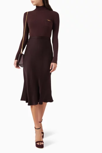 Turtleneck Ribbed Midi Dress in Knit & Satin