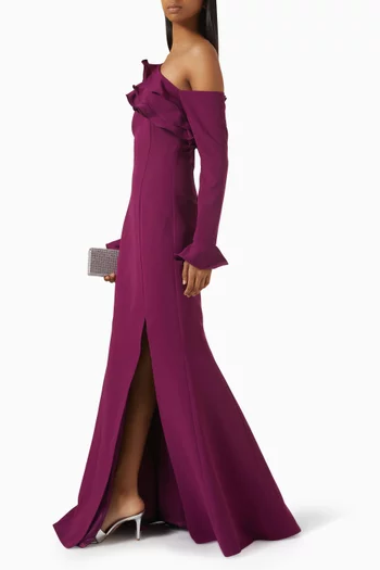 Asymmetric-neck Ruffle Gown