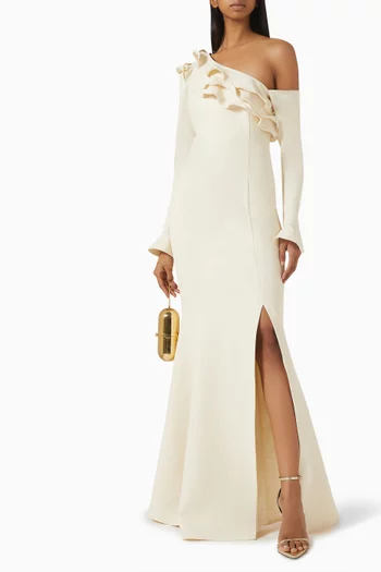 Asymmetric-neck Ruffle Gown
