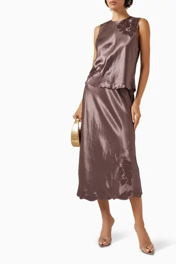 Embroidered Slip Midi Skirt in Satin