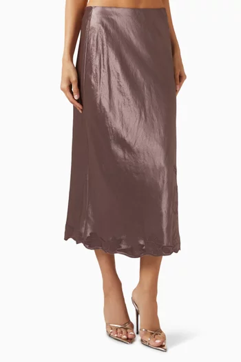 Embroidered Slip Midi Skirt in Satin