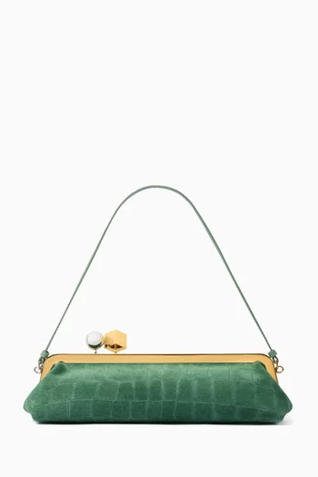 Small La Pochette Salon Shoulder Bag in Croc-embossed Suede
