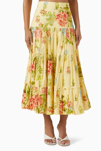 Dhun Floral-print Skirt in Linen Blend
