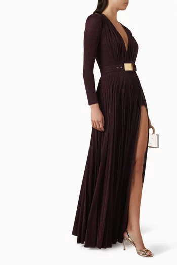 Structured Belted Maxi Dress in Pleated-jersey