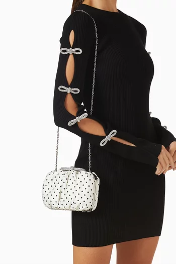 Double Bow Crystal-Embellished Clutch Bag in Polka-dot Satin