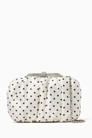 Double Bow Crystal-Embellished Clutch Bag in Polka-dot Satin