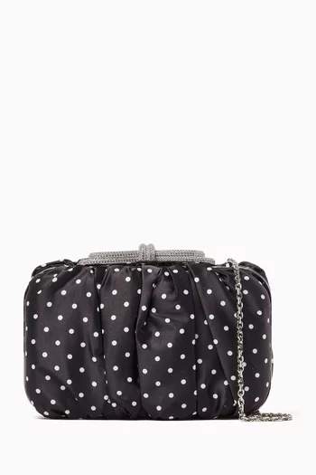 Double Bow Crystal-Embellished Clutch Bag in Polka-dot Satin