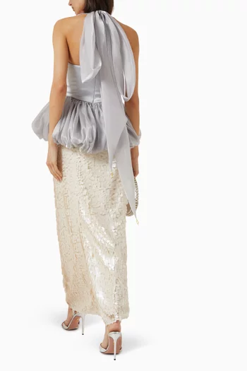 SWEET VALENTINE TOP // Halter neck satin top with a corsetbodice, waist ruffles and a bow organza closurebehind the neck.:Grey:L|218627604