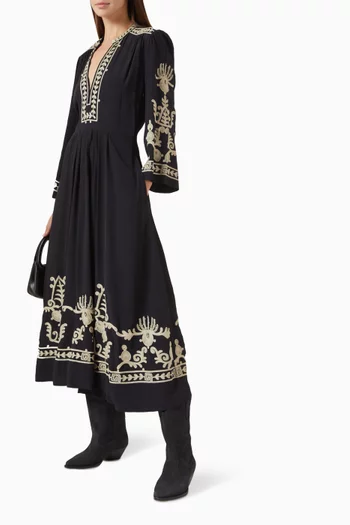Feliana Embroidered Midi Dress in Crepe