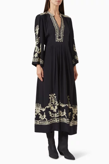 Feliana Embroidered Midi Dress in Crepe