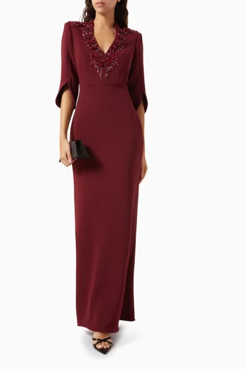 Embellished V-neck Gown in Crepe
