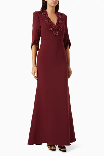 Embellished V-neck Gown in Crepe