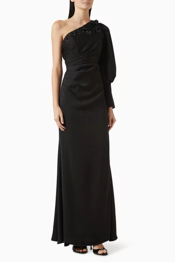 3D Embellished One-shoulder Dress in Crepe