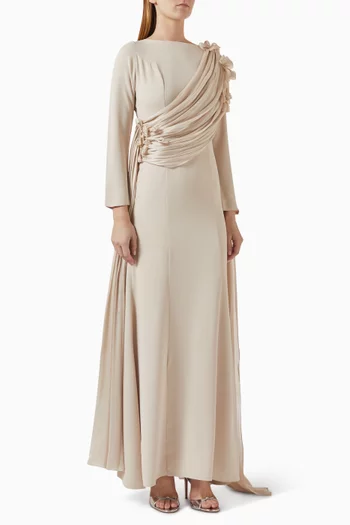 فستان مزين بدرابيه وتطريزات كريب