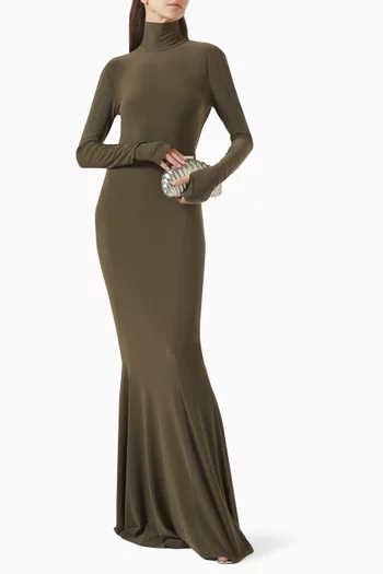 Long-sleeve Turtle Fishtail Gown in Poly-lycra