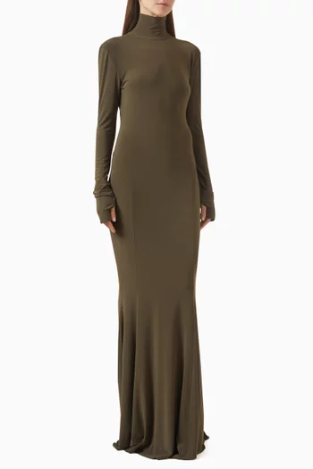 Long-sleeve Turtle Fishtail Gown in Poly-lycra