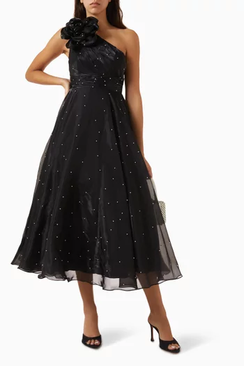 Pearl Beaded One-shoulder Midi Dress in Organza