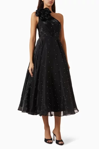 Pearl Beaded One-shoulder Midi Dress in Organza