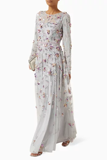Floral Embellished Gown in Mesh