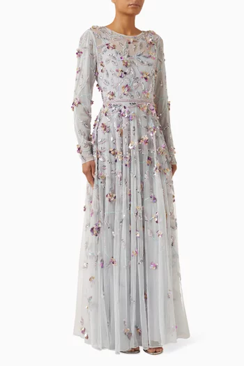 Floral Embellished Gown in Mesh