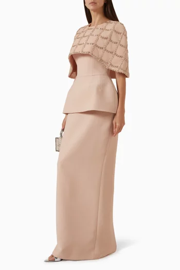 Embellished Peplum Dress in Satin Crepe