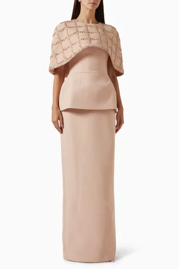 Embellished Peplum Dress in Satin Crepe