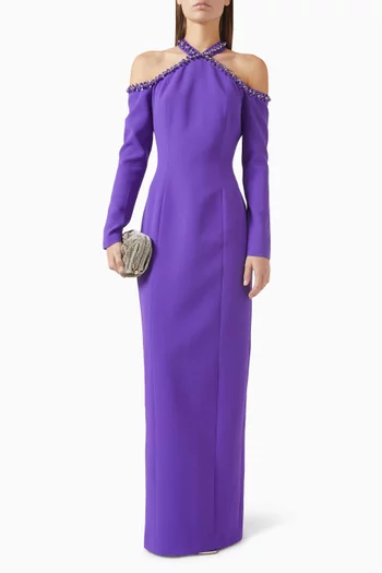 فستان سهرة مطرز بأكتاف مكشوفة كريب