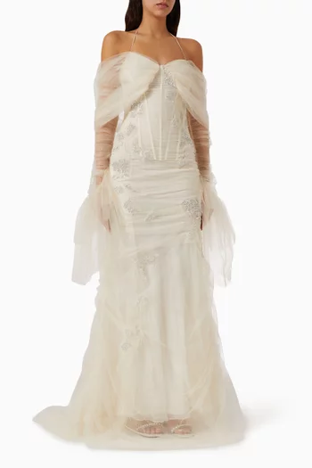 Rose Poudré Embroidered Off-shoulder Gown