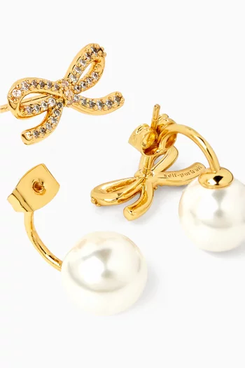 Crystal Bow Pearl Jacket Earrings in Gold-plated Brass