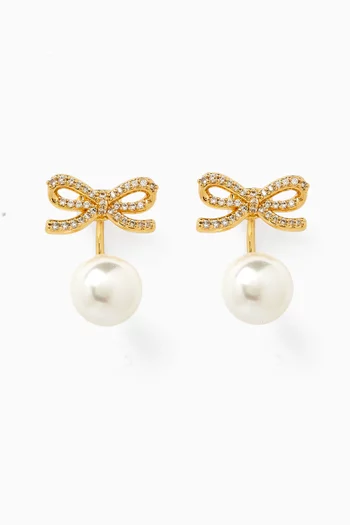Crystal Bow Pearl Jacket Earrings in Gold-plated Brass