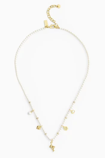 Cat Charm Pearl Necklace  in Plated Brass