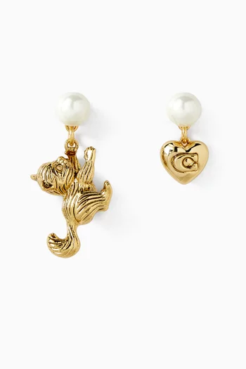 Cat Pearl Mismatch Drop Earrings in Plated Brass