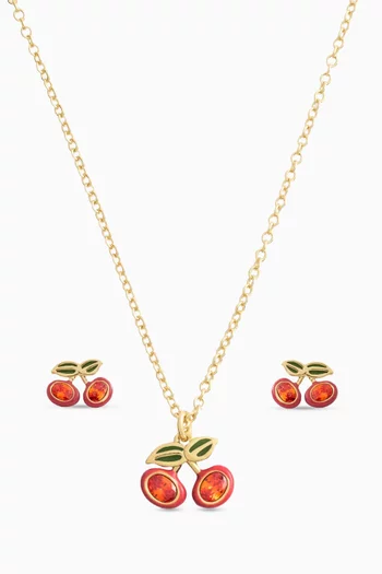 طقم قلادة وأقراط بتصميم كرز نحاس مطلي بلون ذهبي