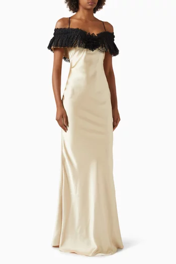 Lace-trim Off-shoulder Dress in Satin