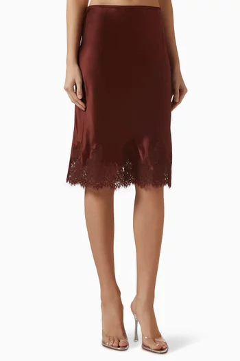 Elowette Lace-Trimmed Midi Skirt in Silk Satin