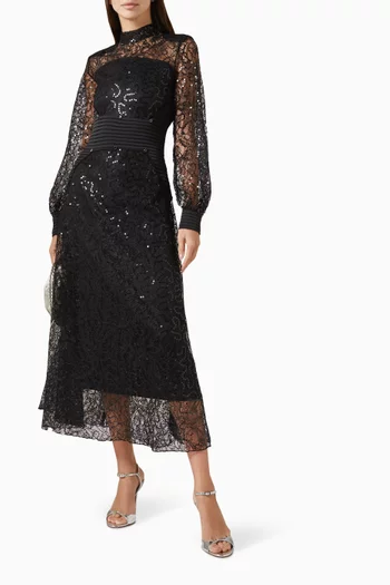 فستان متوسط الطول بحزام بطيّات دانتيل وستان