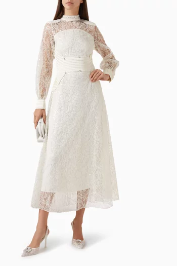 فستان متوسط الطول بحزام بطيّات دانتيل وستان