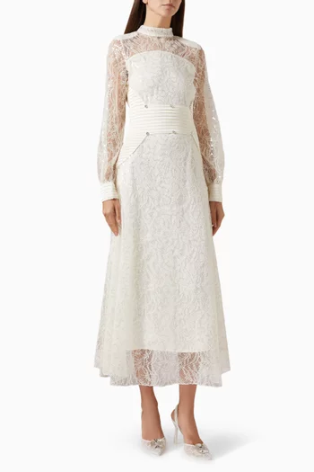 فستان متوسط الطول بحزام بطيّات دانتيل وستان