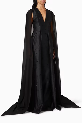 V-neck Cape Gown in Taffeta