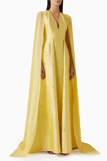 V-neck Cape Gown in Taffeta