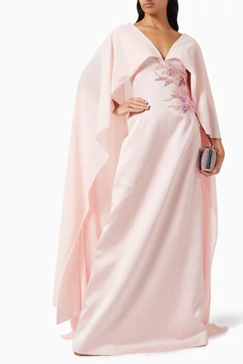 Embellished Cape Gown in Taffeta Mikado