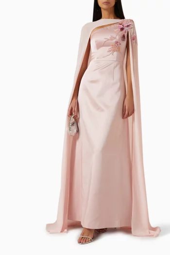 Floral Applique Cape Gown