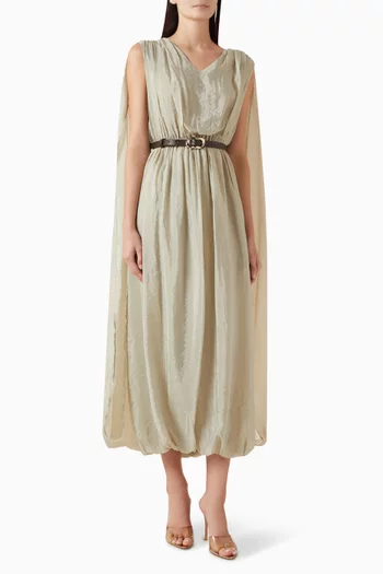 فستان متوسط الطول بحزام وكاب