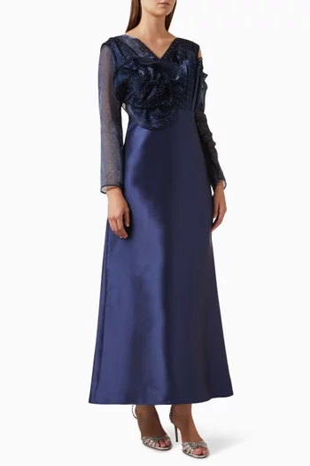 3D Floral-applique Dress in Satin